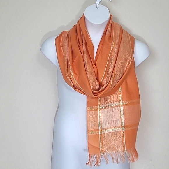 Scarf wrap Orange white gold Soft fringed 48" x 72" + 2" fringe - Picture 1 of 4